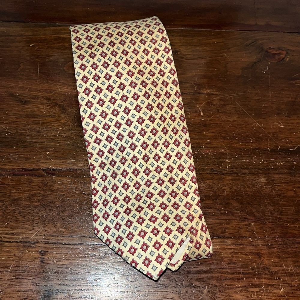 Crème Tan & Red print used Liberty of London England print Silk Neck tie